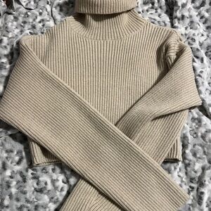 Cropped Cream Ribbed Turtleneck Sweater